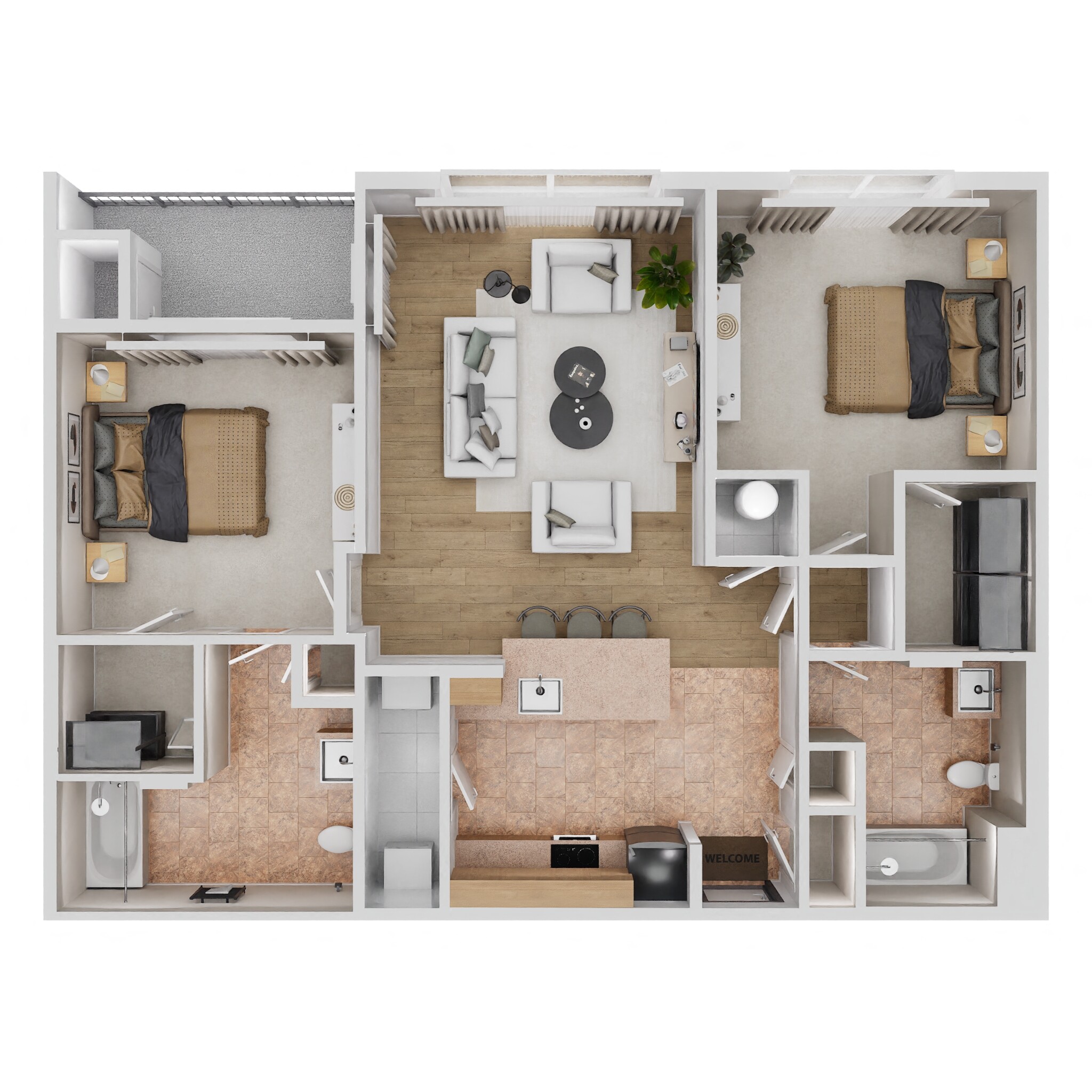 Floor plan for 2 beds, 2 baths, 1113 sqft